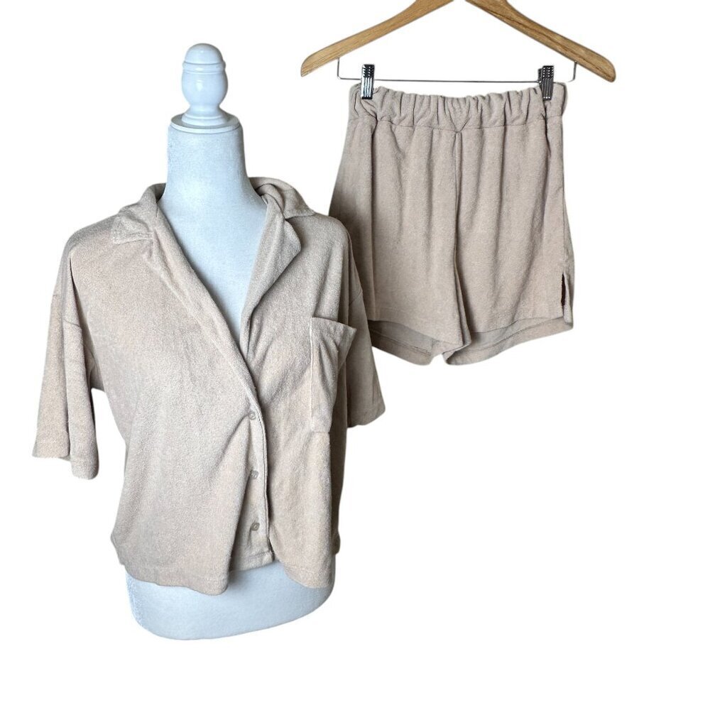 NASTY GAL 2 Piece Terry Cloth Button Down SHirt & SHorts Set Size 4 / Small